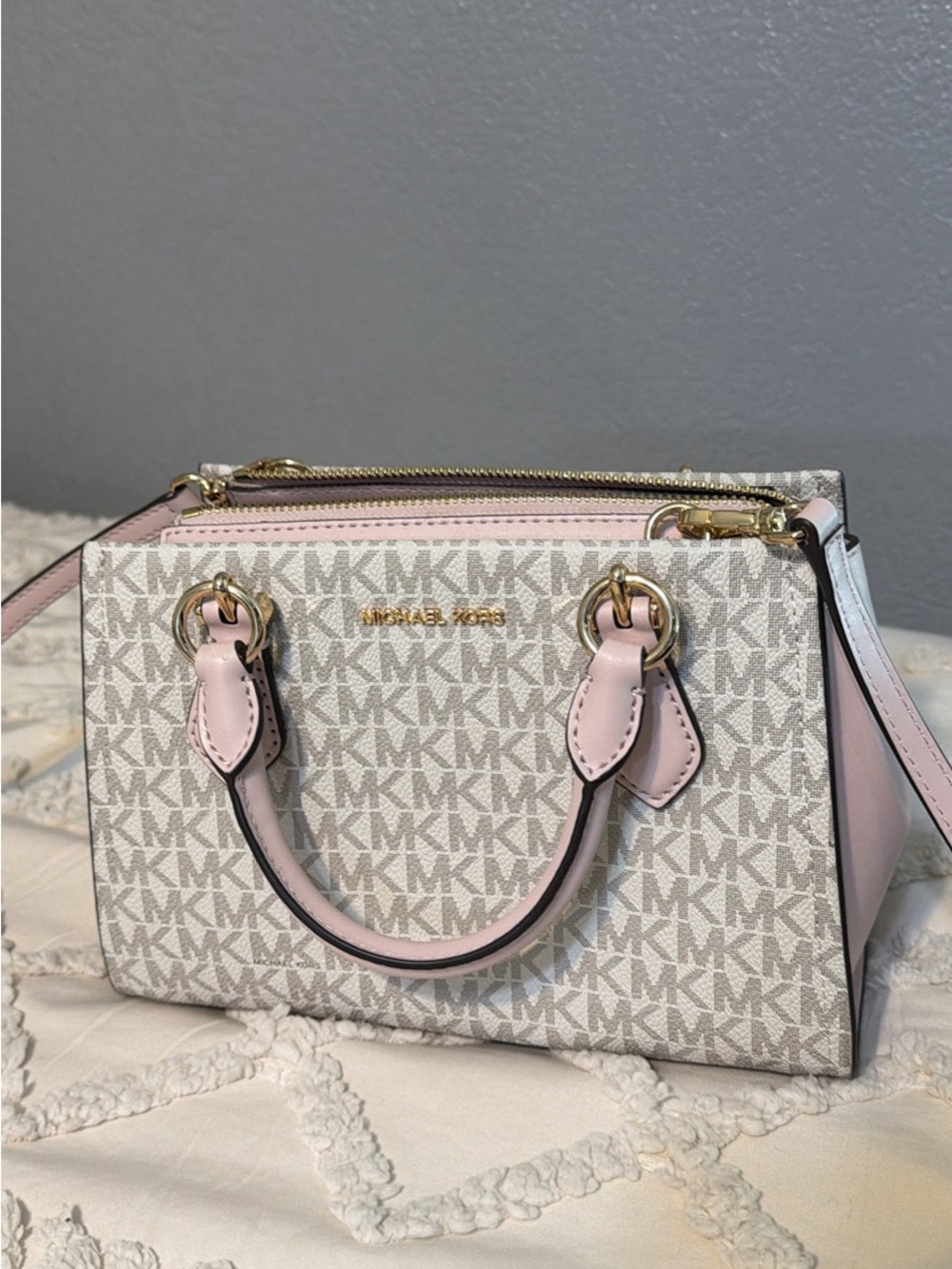 Michael Kors Beige Logo Satchel with Light Pink Accents